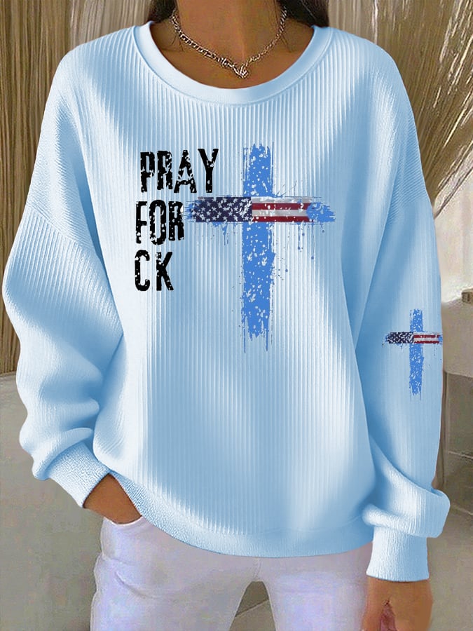 Women's Pray for Charlie Print Knit Crew Neck Long Sleeve Top