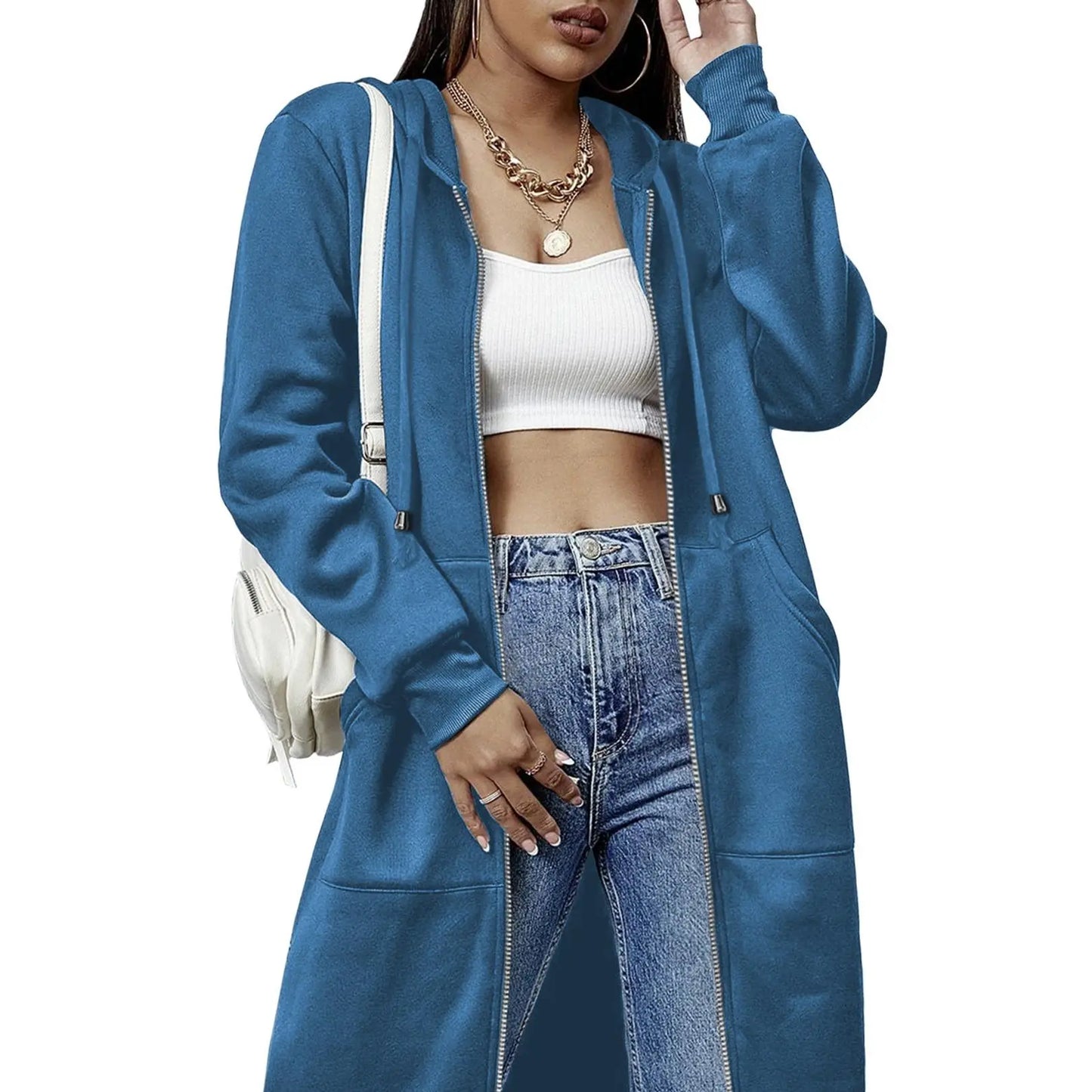 Women's Long Fleece Hoodie Tunic Jacket