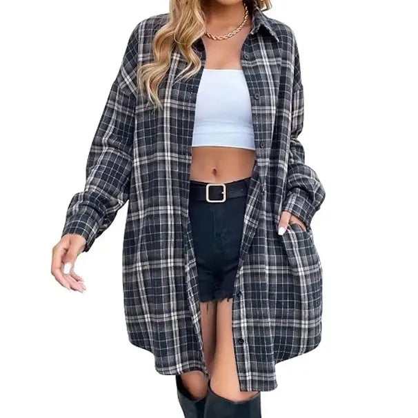 Women's Plaid Flannel Shacket — Button-Down Collared Long Jacket