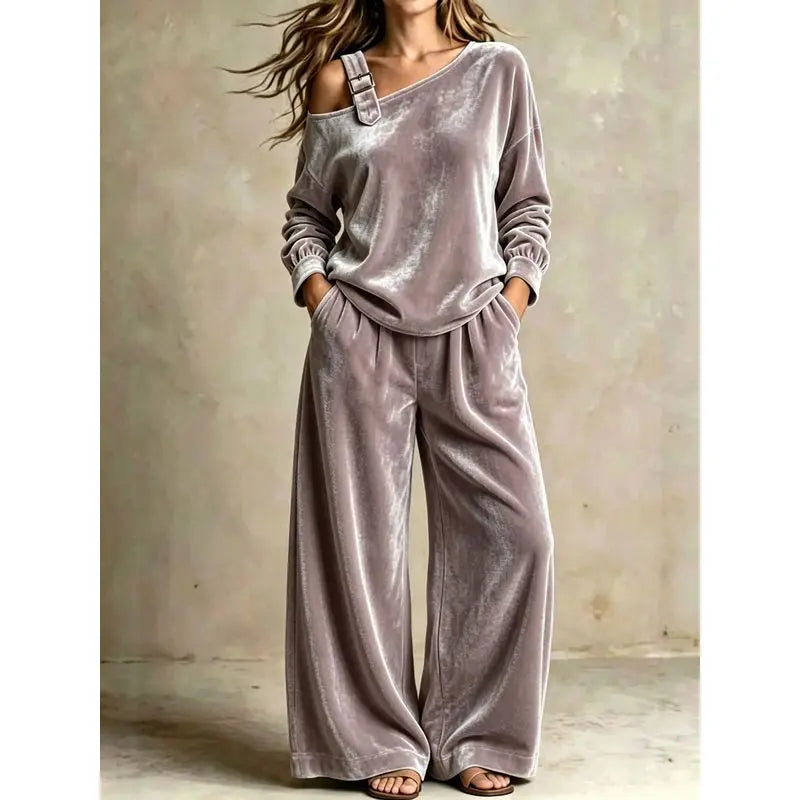 Women's Velvet One-Shoulder Top & Pants Two-Piece Set – Casual Fall Winter Lounge Outfit