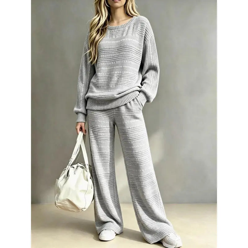 Women's Knit Two Piece Set – Oversized Sweater Top & Wide Leg Pants Lounge Outfit