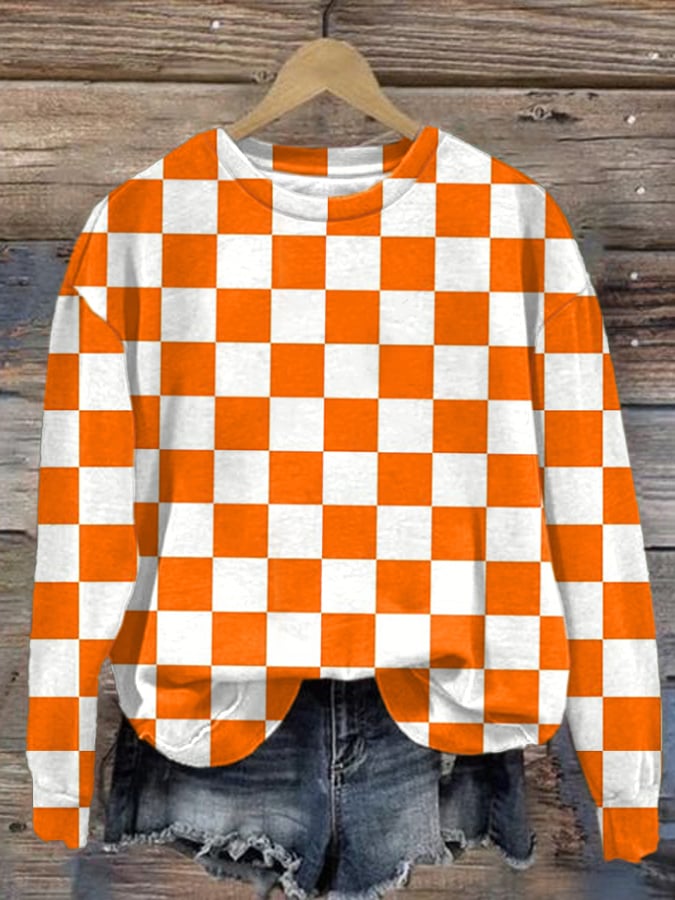 Women's Orange Checkerboard Round Neck Casual Sweatshirt