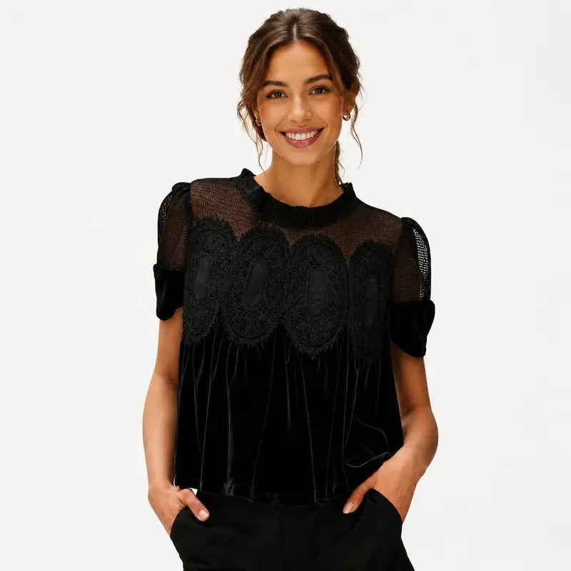 Velvet & Sheer Lace Short Sleeve Top for Women – Flowy Crewneck Swing Blouse