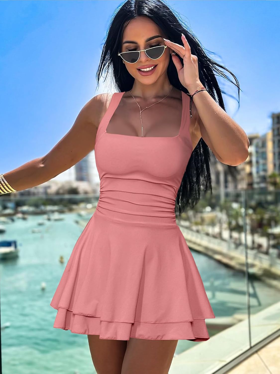 Women's Square Neck Ruffle Hem Mini Dress