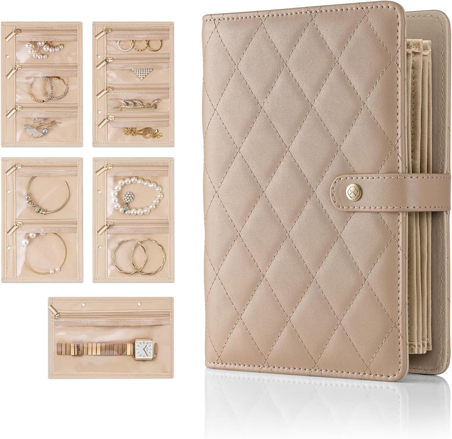 Jewelry Book Organizer - Leather Travel Jewelry Case with 5 Detachable Pages for Necklaces, Rings, Earrings, Tangle-Free, Giftable,Seashell Pink