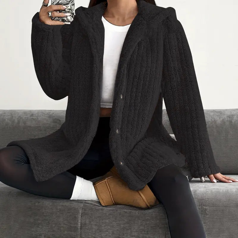 Women's Hooded Teddy Fleece Cardigan Jacket – Mid-Length Plush Coat with Button Front & Side Slits, Relaxed Fit Fall/Winter Outerwear