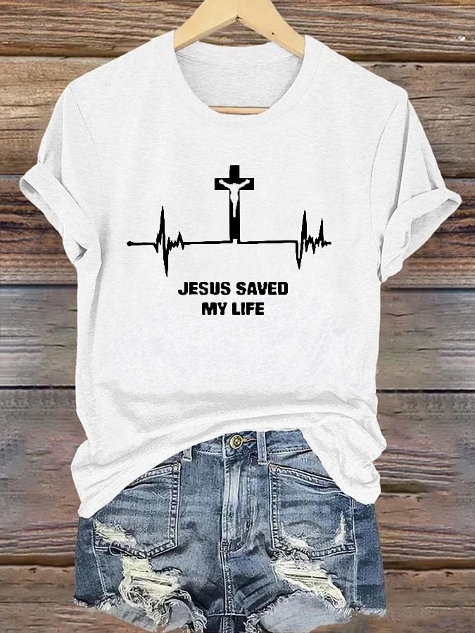 Women's casual Jesus faith cross ECG letter print T-shirt