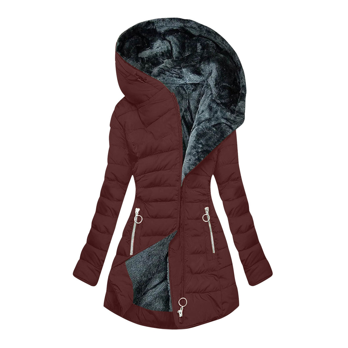 Women's Plush-Lined Long Puffer Coat with Hood – Warm Quilted Winter Parka with Zip Pockets, Hip-Covering Longline Outerwear