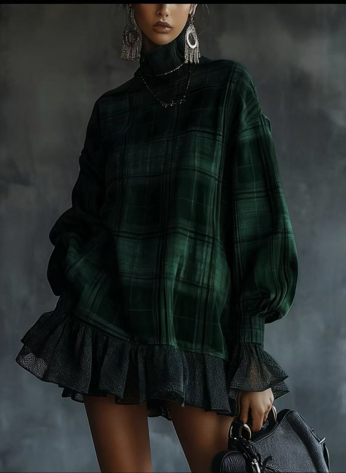 Plaid Ruffle Hem Mini Dress – High Neck with Mesh Accents