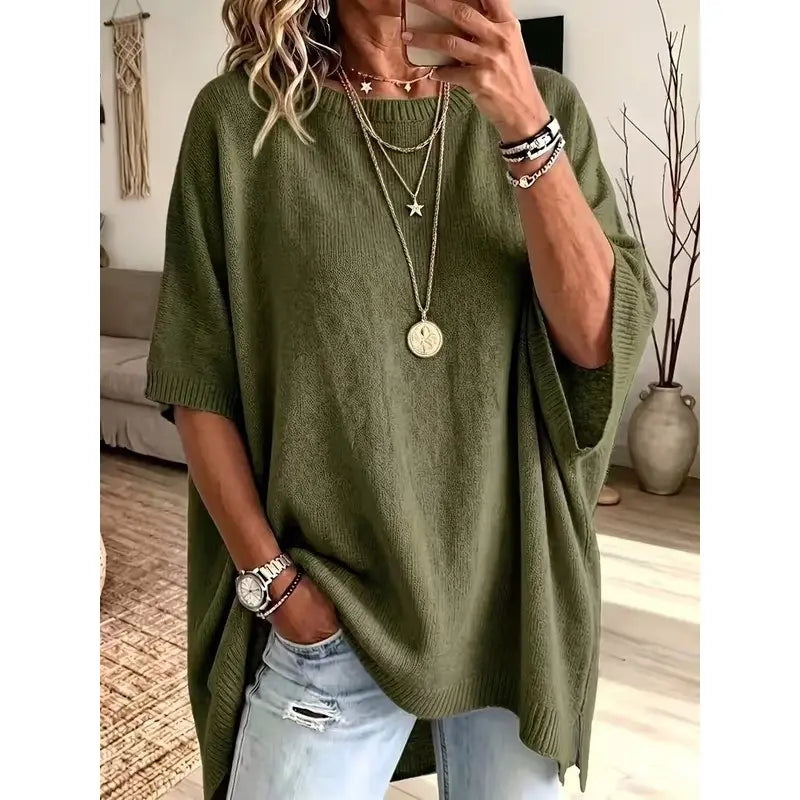 Women's Loose Fit Crew Neck Knit Sweater – Lightweight Solid Color Casual Top