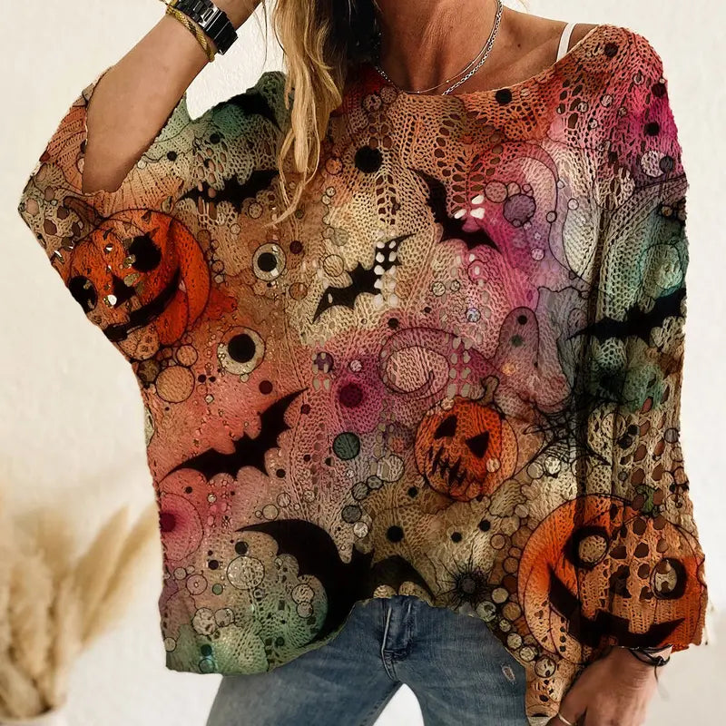 Women's Halloween Pumpkin-Bat Knit Pullover Sweater