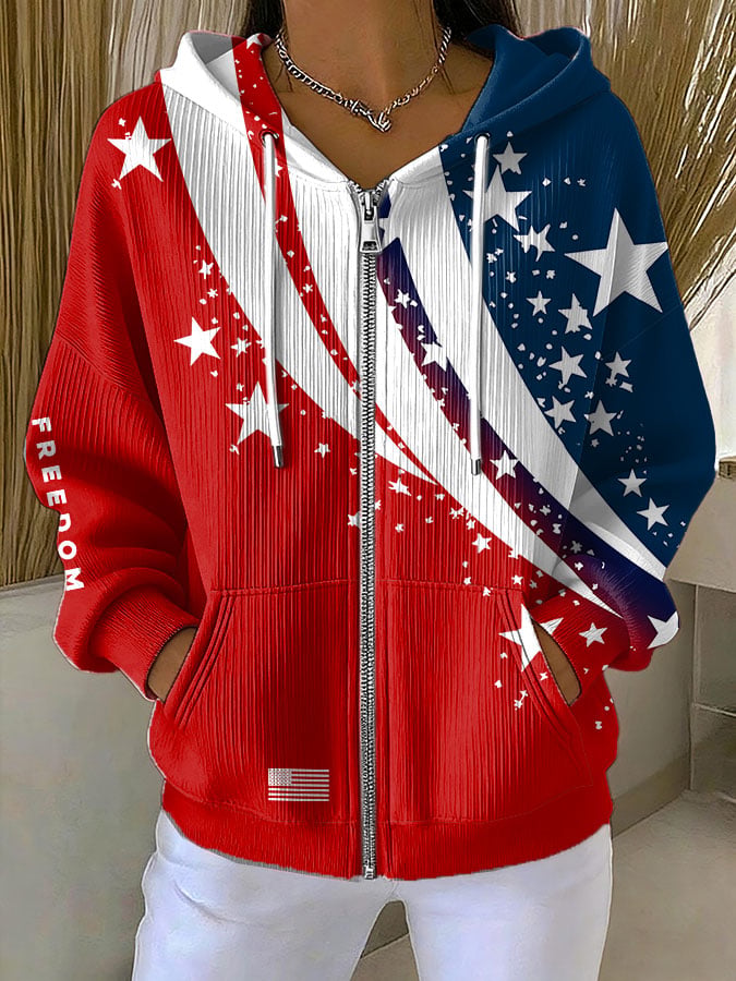 Women's Casual Contrasting Color Freedom Flag Textured Jacket