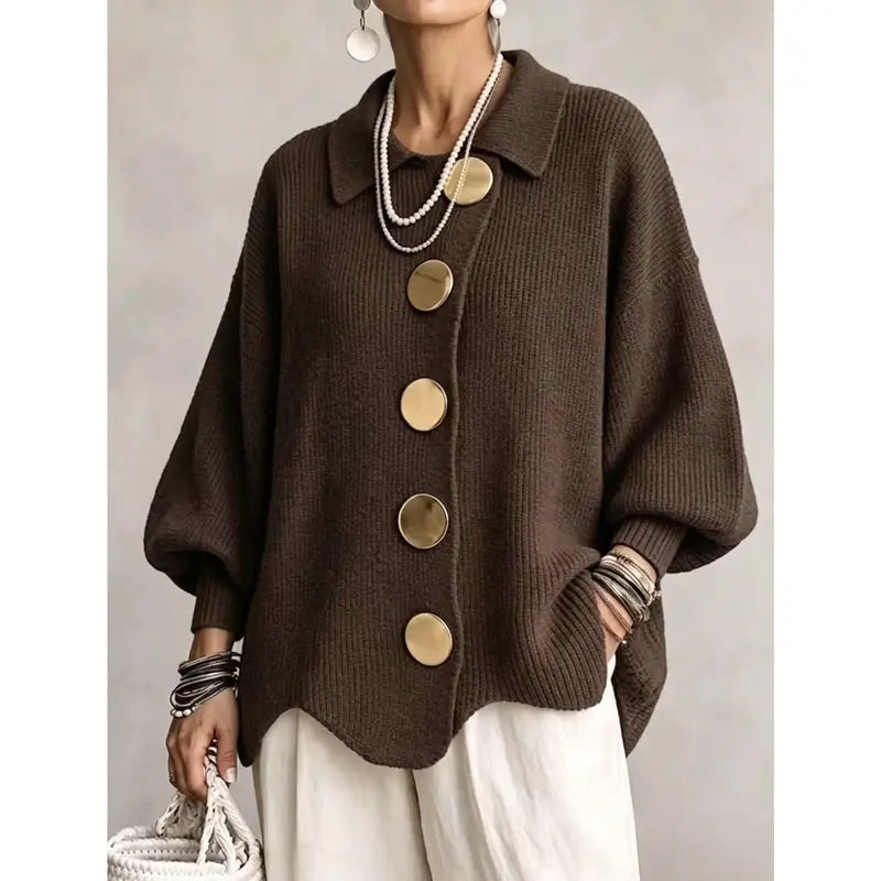 Women's French Lapel Knit Cardigan – Loose Sweater Coat with Big Metal Buttons & Lantern Sleeves