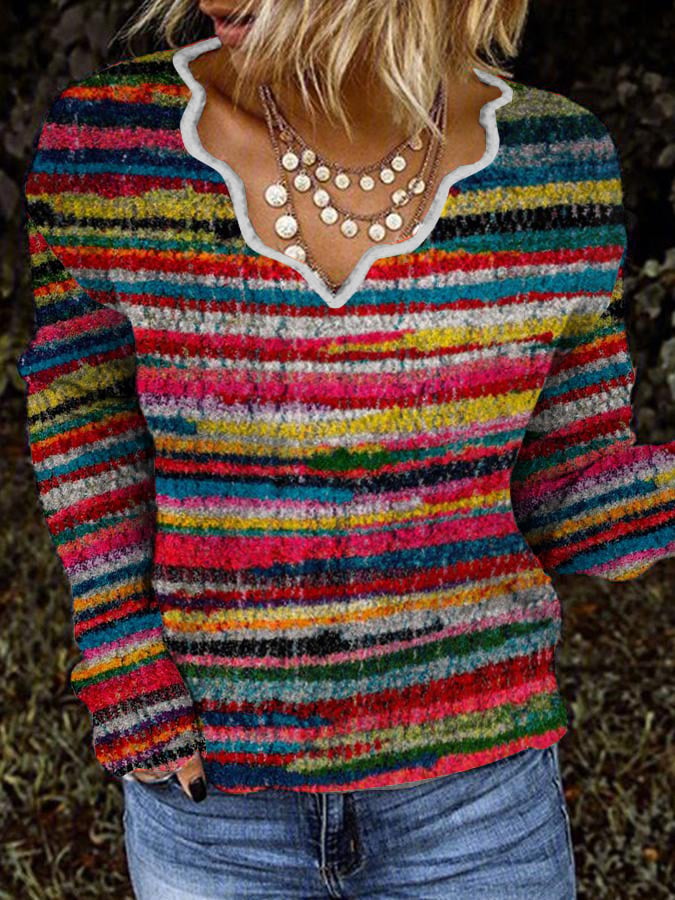 Asual Wave Collar Colorful Striped Printed Plush Top