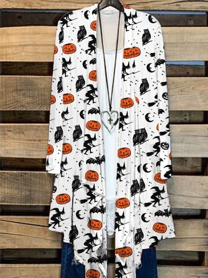 Women's Halloween Witch Pumpkin Print Casual Cardigan