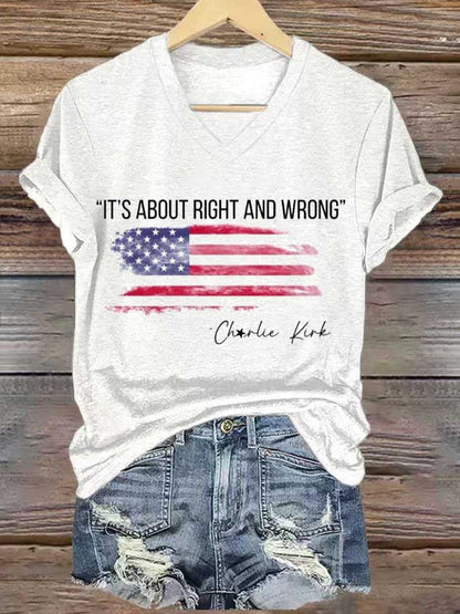 Women's IT'S ABOUT RIGHT AND WRONG Print V-Neck T-Shirt