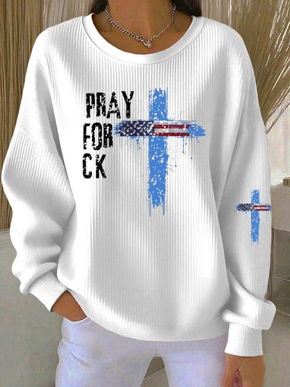 Women's Pray for Charlie  Print Knit Crew Neck Long Sleeve Top