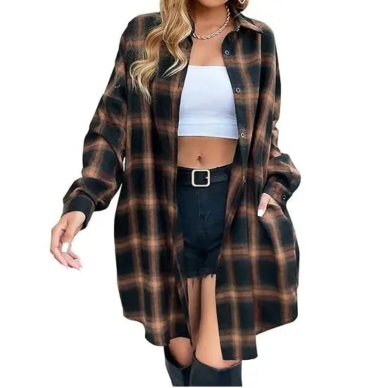 Women's Plaid Flannel Shacket — Button-Down Collared Long Jacket
