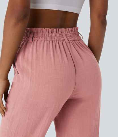 High Waisted Button Zipper Side Pocket Capri Resort Linen-Feel Pants