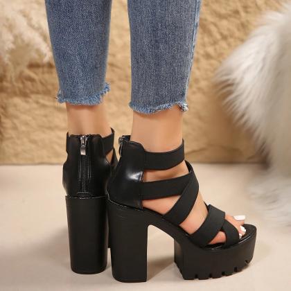 Black Chunky Heel Sandals With Strappy Design
