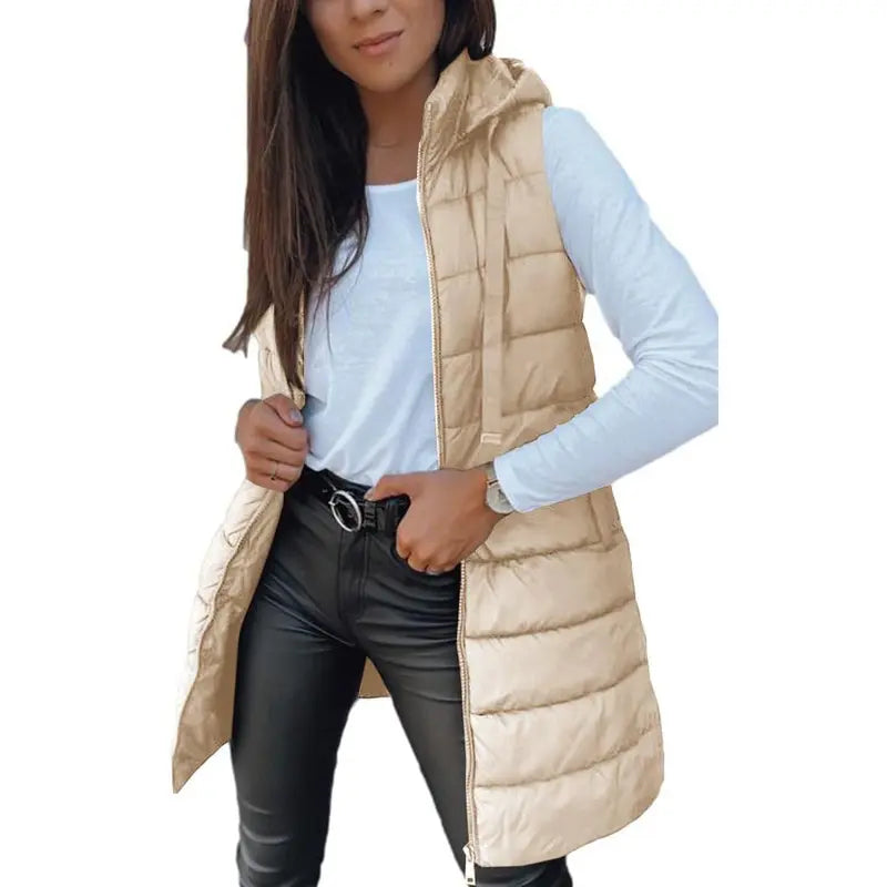 Women Long Puffer Vest Solid Color Sleeveless Hooded Winter Outwear