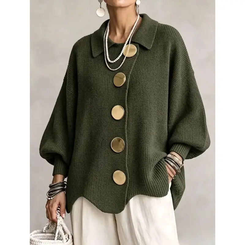 Women's French Lapel Knit Cardigan – Loose Sweater Coat with Big Metal Buttons & Lantern Sleeves
