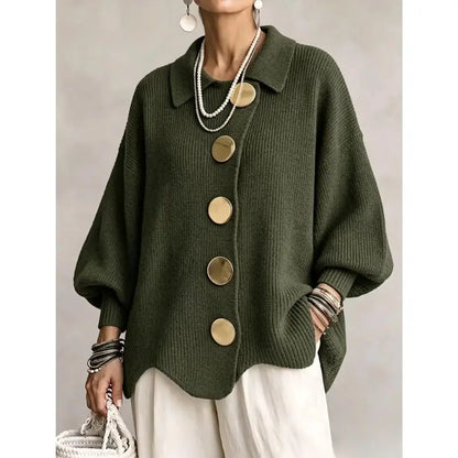 Women's French Lapel Knit Cardigan – Loose Sweater Coat with Big Metal Buttons & Lantern Sleeves