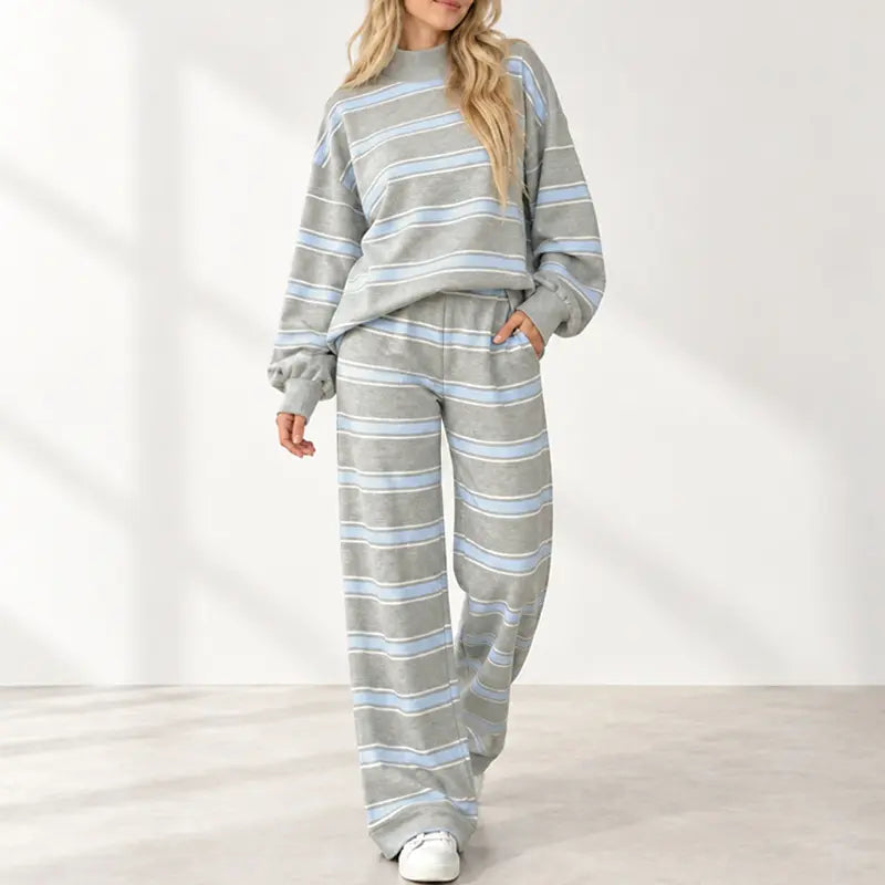 Women's Striped 2 Piece Set – Oversized Mock Neck Top & Wide Leg Pants