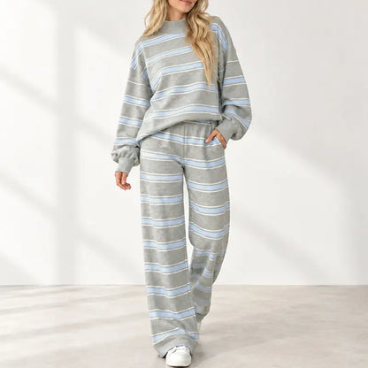 Women's Striped 2 Piece Set – Oversized Mock Neck Top & Wide Leg Pants