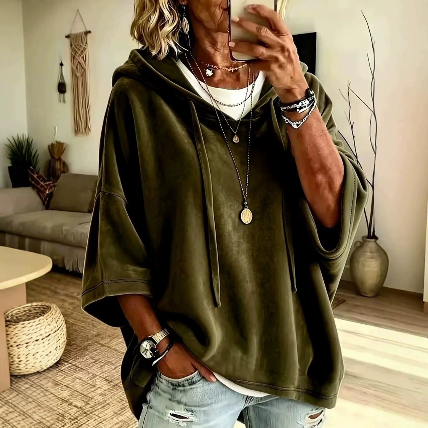 Women’s Minimalist Velour Hoodie, Loose Fit 3/4 Sleeves Hood
