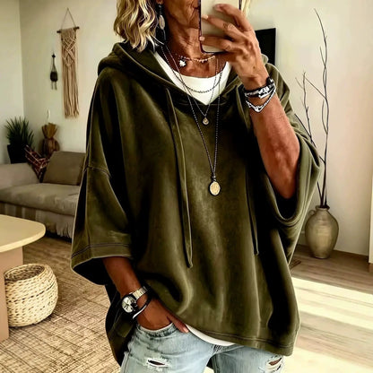 Women’s Minimalist Velour Hoodie, Loose Fit 3/4 Sleeves Hood