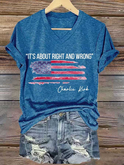 Women's IT'S ABOUT RIGHT AND WRONG Print V-Neck T-Shirt
