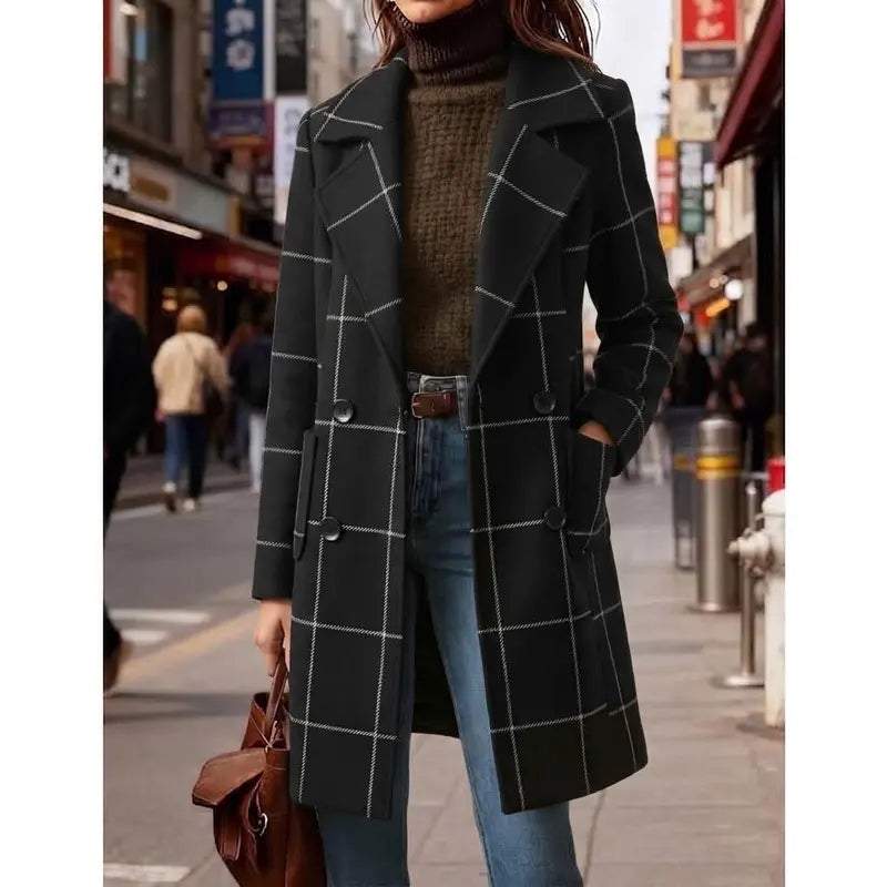 Women's Plaid Wool Blend Trench Coat – Windproof Notch Lapel Mid-Length Overcoat