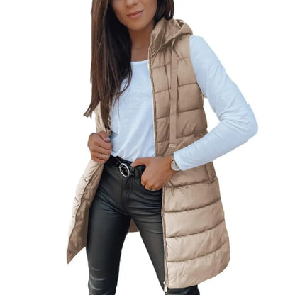 Women Long Puffer Vest Solid Color Sleeveless Hooded Winter Outwear