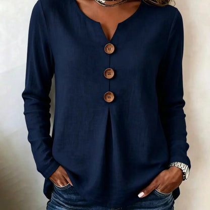 Women's Vintage Big Button V-Neck Long Sleeve Blouse – Casual Solid Color Top