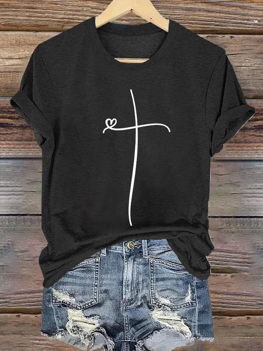 Womens Retro Faith Cross Print T-Shirt