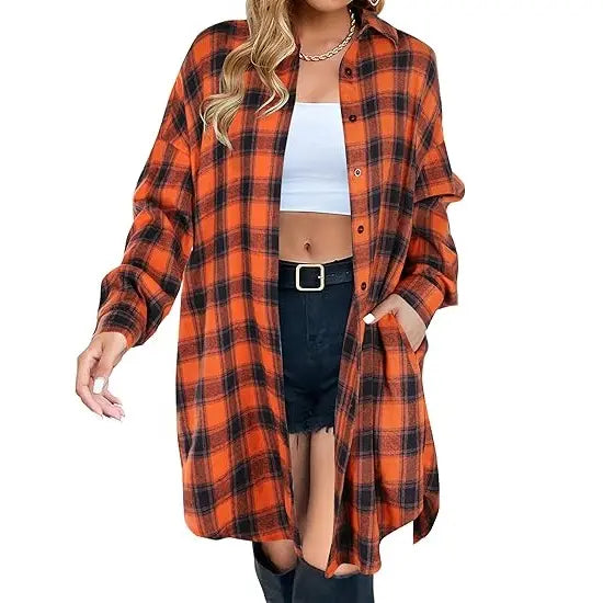 Women's Plaid Flannel Shacket — Button-Down Collared Long Jacket