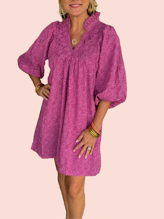 Women's Puff Sleeve Leaf Jacquard Mini Dress