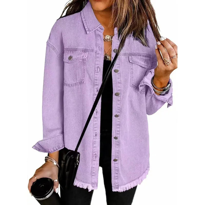 Washed Denim Shirt Jacket — Oversized Frayed-Hem Denim Overshirt