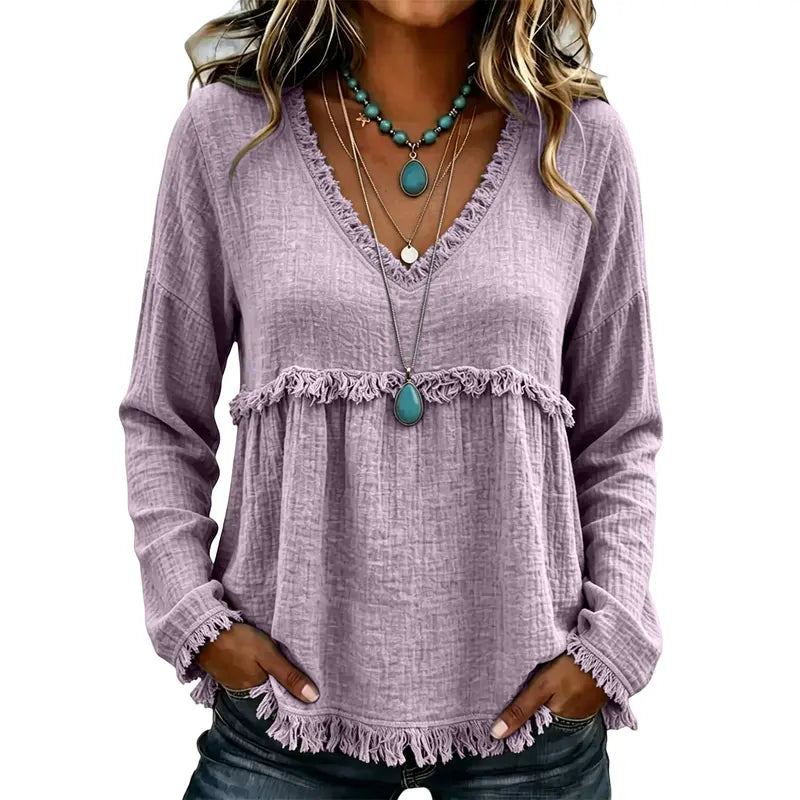 Women’s Boho V Neck Long Sleeve Fringe Top Plus Size S-3XL