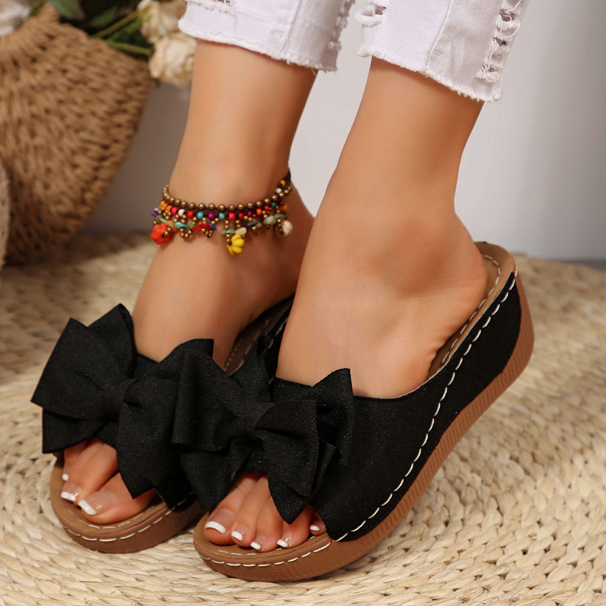 Women’s Liora Bow Flower Platform Wedge Slide Sandals – Peep-Toe Wide Strap Summer Slides