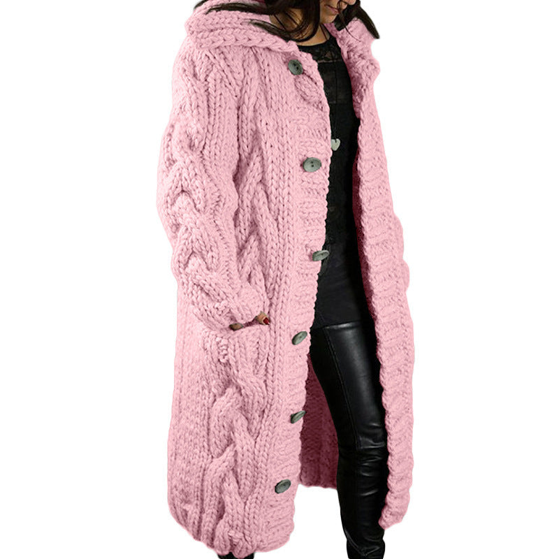 Women's Oversized Cable Knit Hooded Long Cardigan – Button-Front Sweater Coat, Plus Size S–5XL