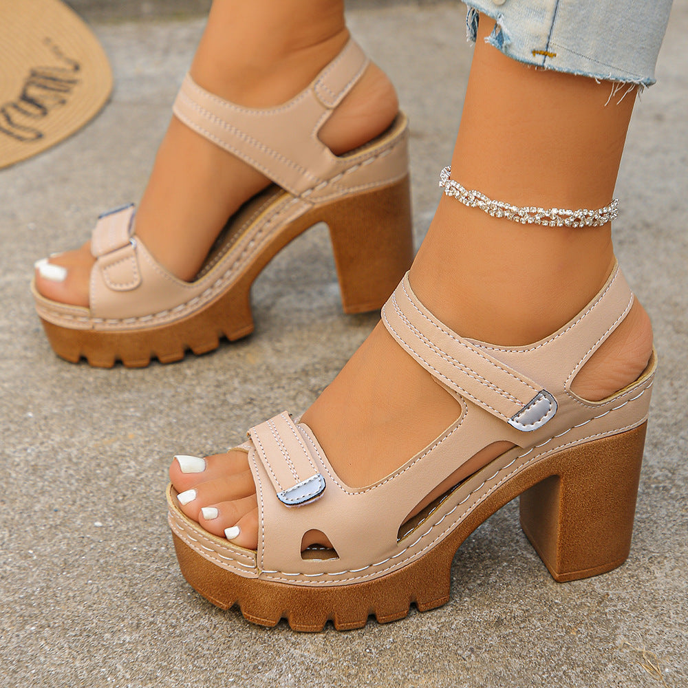 Women’s Velora Stitch Detail Platform Block Heel Sandals – Lightweight Velcro Strap Chic Slides (US 4–10.5)