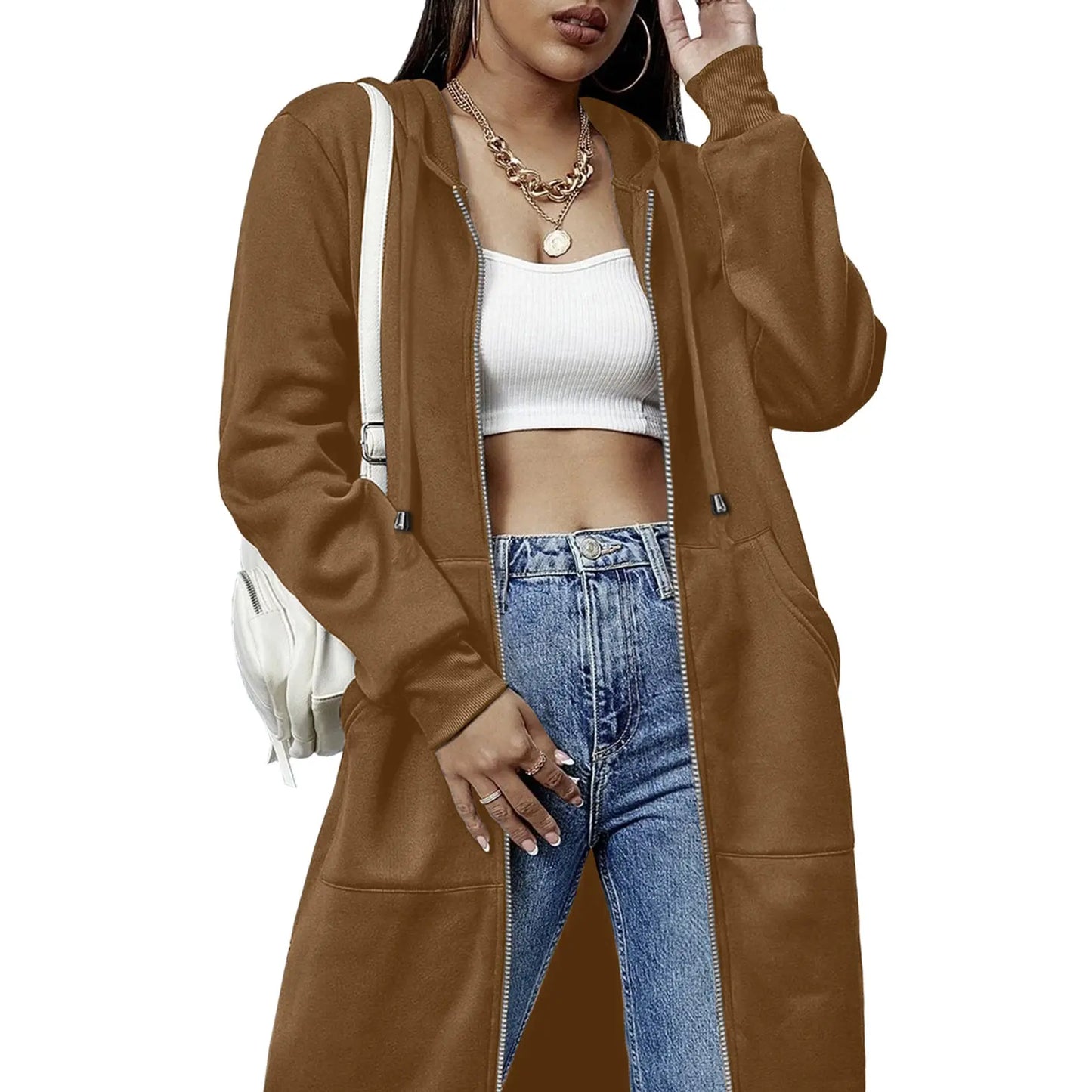 Women's Long Fleece Hoodie Tunic Jacket
