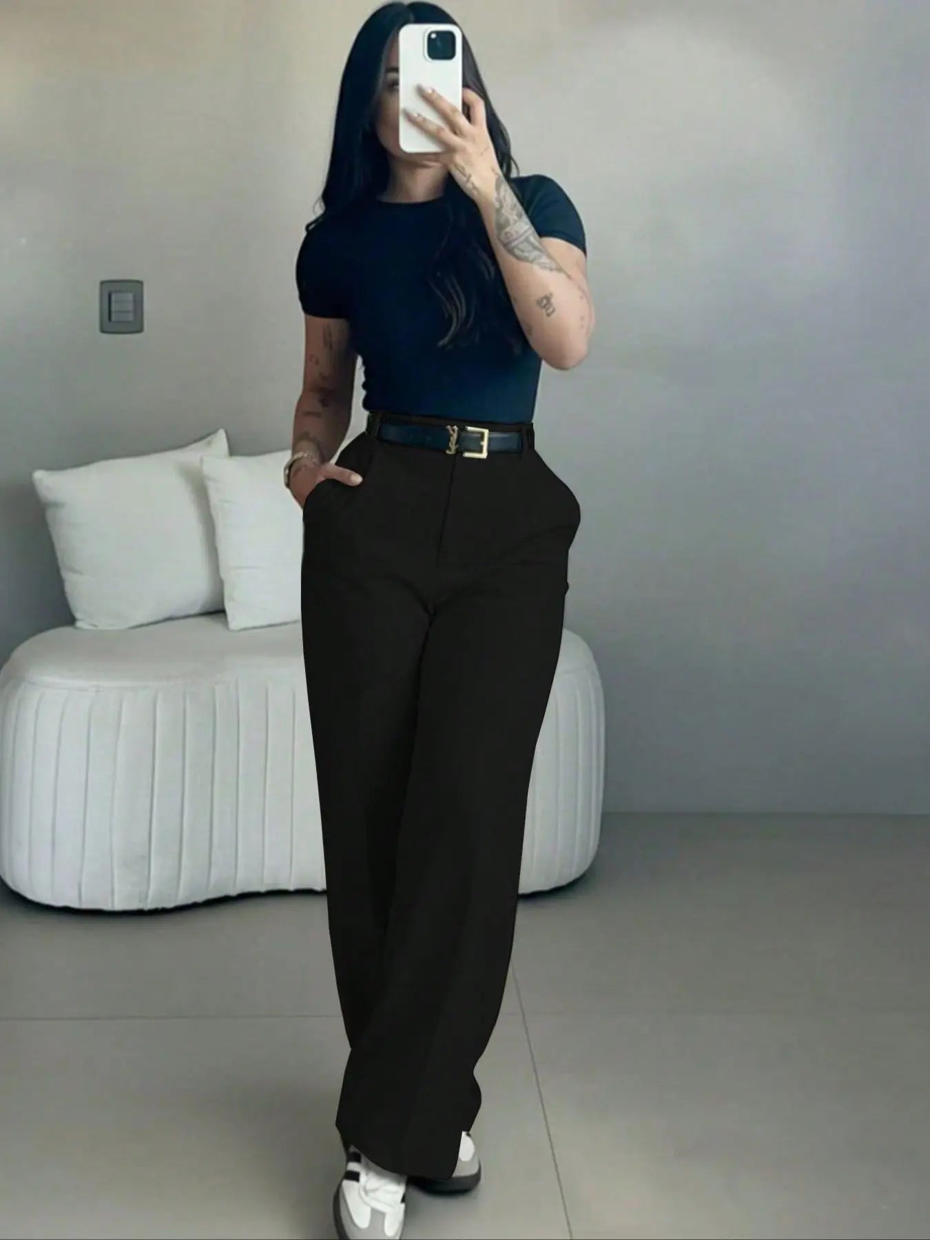 Women’s High-Waisted Suit Pants with Flowy Straight Leg