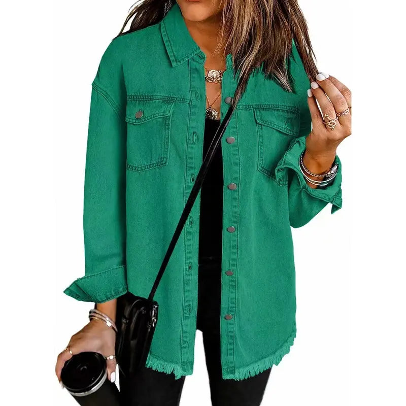 Washed Denim Shirt Jacket — Oversized Frayed-Hem Denim Overshirt