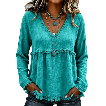 Women’s Boho V Neck Long Sleeve Fringe Top Plus Size S-3XL