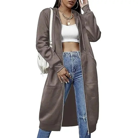 Women's Long Fleece Hoodie Tunic Jacket