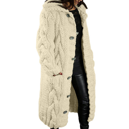 Women's Oversized Cable Knit Hooded Long Cardigan – Button-Front Sweater Coat, Plus Size S–5XL