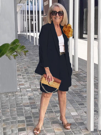 Stylish Lapel Collar Suit Shorts Two-piece Blazer Coat(Detachable floral accessories)